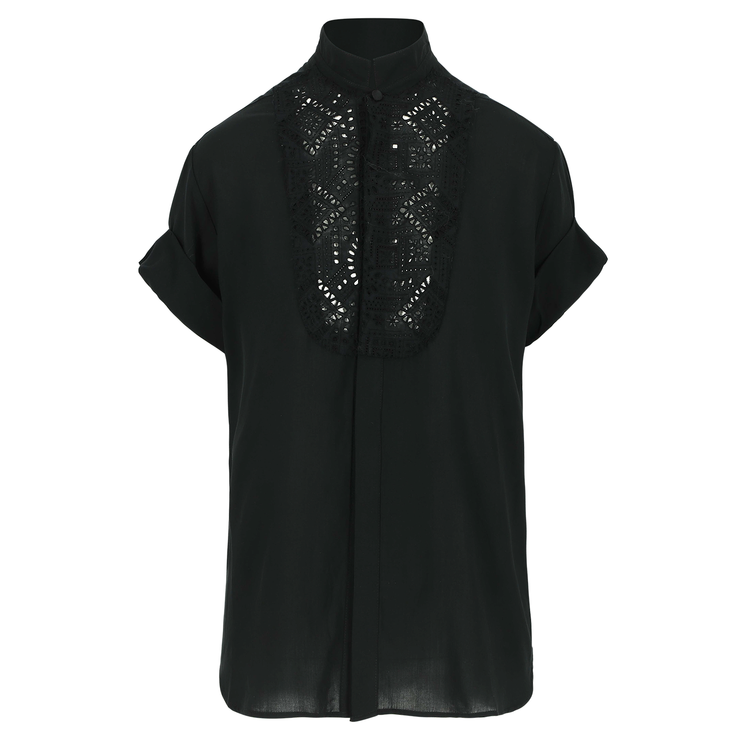 Fluid women's black smoking shirt with broderie anglaise, application smoking cuffs with self covered buttons Black viscose with black cotton broderie anglaise. Made in Portugal