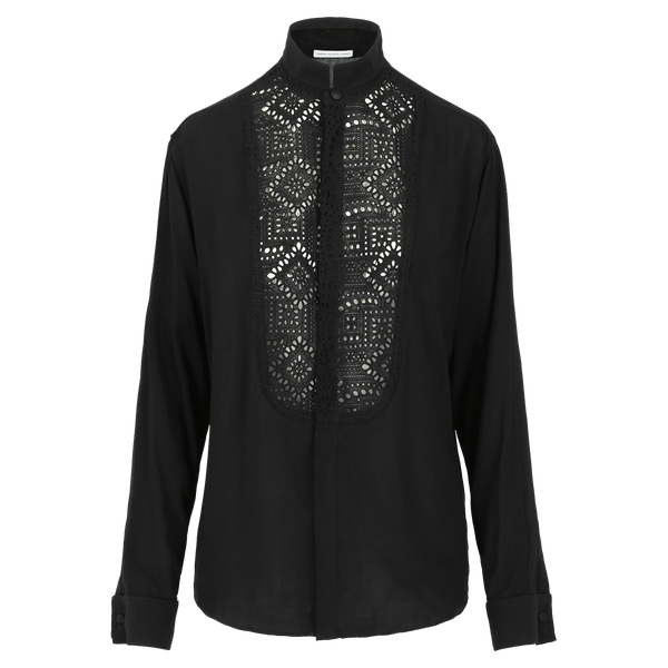 Fluid women's black smoking shirt with broderie anglaise, application smoking cuffs with self covered buttons Black viscose with black cotton broderie anglaise. Made in Portugal