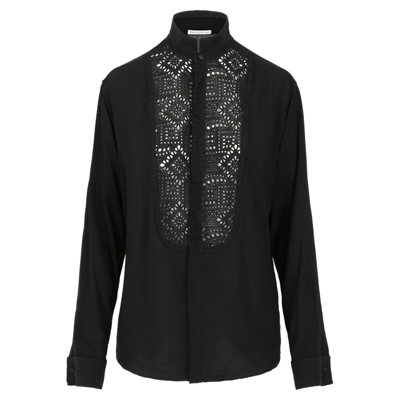 Fluid women's black smoking shirt with broderie anglaise, application smoking cuffs with self covered buttons Black viscose with black cotton broderie anglaise. Made in Portugal