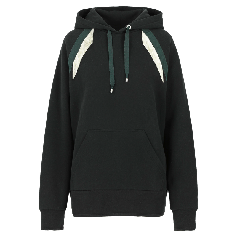 Casual women's black hooded sweatshirt with hand-embroidered signature chain applications. Applications of dark green grosgrain ribbon, black brushed cotton. 100% cotton. Made in Portugal