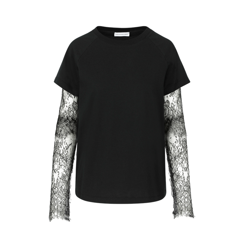 SARAH DE SAINT HUBERT KURT T-shirt is a women's black t-shirt with double sleeves in dentelles de Calais. Effortless rock-couture attitude & style ! Boyish and straight fit. 100% cotton jersey. Made in Portugal