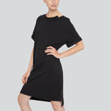 SARAH DE SAINT HUBERT oversized black T-shirt dress made of cotton piqué jersey with short rolled-up sleeves. Comfy and straight fit.