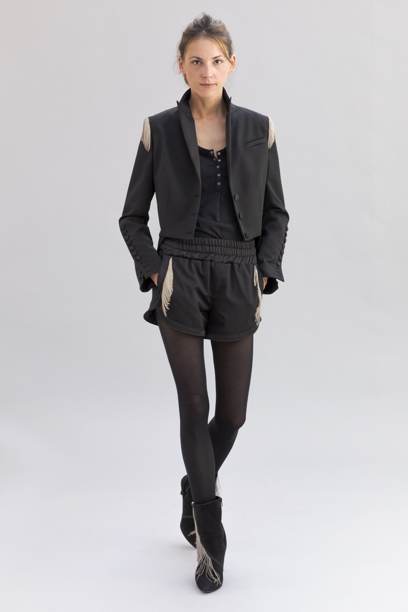 SARAH DE SAINT HUBERT satin black jacket made of virgin wool with hand embroidered chains. Feminine rock’n’roll silhouette.