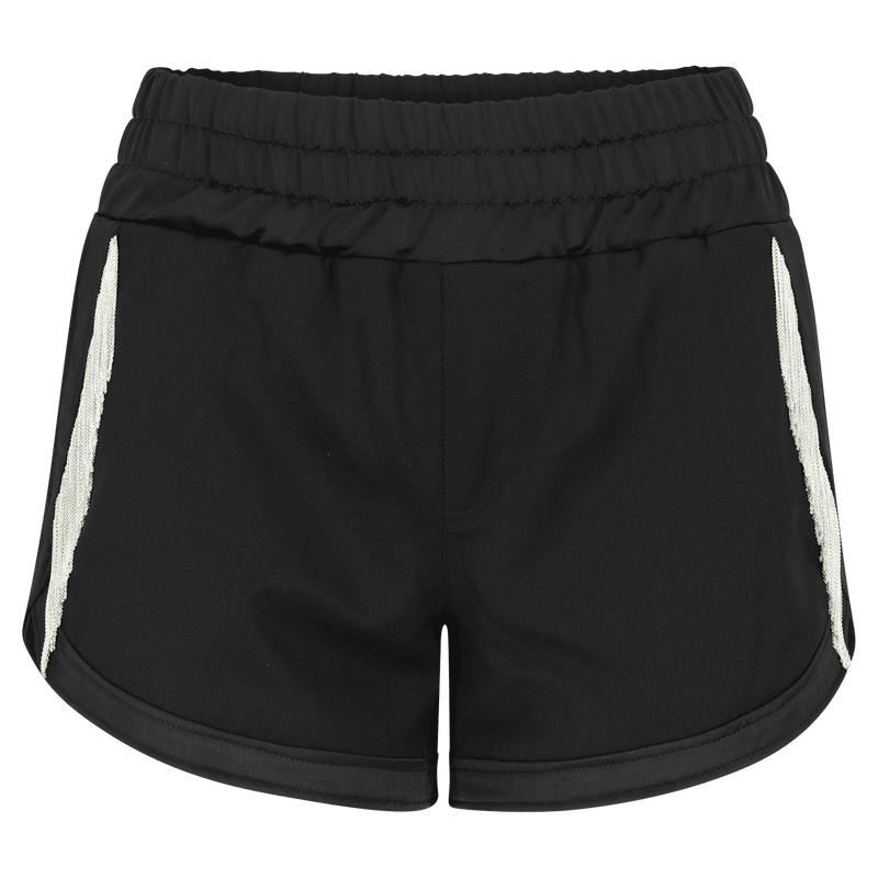 SARAH DE SAINT HUBERT black boxer shorts made of light virgin wool with hand embroidered chains. A feminine and flattering fit.