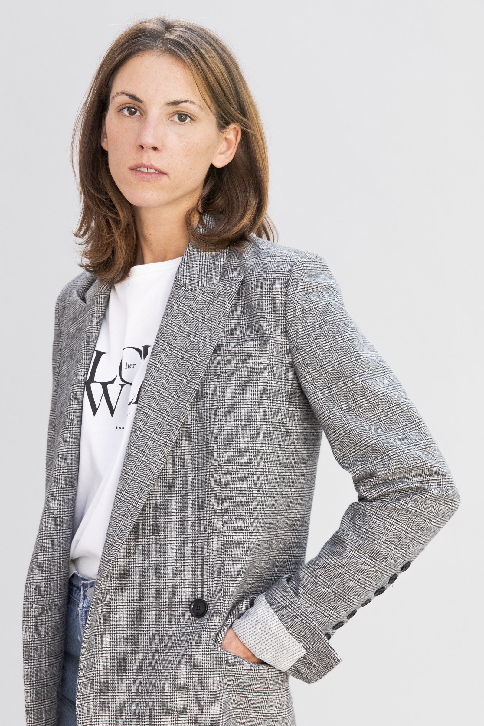 SARAH DE SAINT HUBERT grey 'Princes of Wales' coat made of soft touch cotton with iconic details. Straight fit.