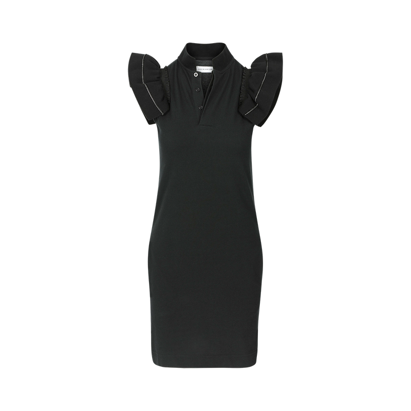 SARAH DE SAINT HUBERT black piqué polo shirt dress made of cotton with iconic ribbed butterfly sleeves. Feminine silhouette.