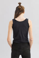 SARAH DE SAINT HUBERT black tank top made of jersey with polo rib border details and press buttons placket at frontside. A timeless feminine basic with a straight fit.