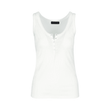 SARAH DE SAINT HUBERT white tank top made of jersey with polo rib border details and press buttons placket at frontside. A timeless feminine basic with a straight fit.