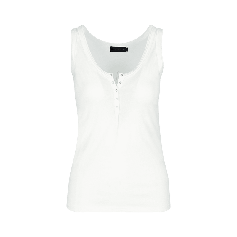 SARAH DE SAINT HUBERT white tank top made of jersey with polo rib border details and press buttons placket at frontside. A timeless feminine basic with a straight fit.