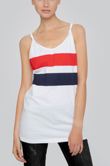 SARAH DE SAINT HUBERT white printed red/navy stripes tank top made of cotton jersey with twisted shoulder straps and v-neck line. A timeless piece.
