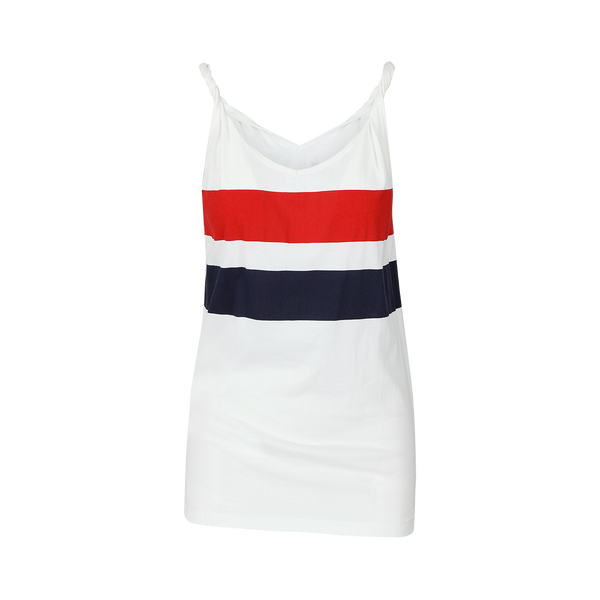 SARAH DE SAINT HUBERT white printed red/navy stripes tank top made of cotton jersey with twisted shoulder straps and v-neck line. A timeless piece.