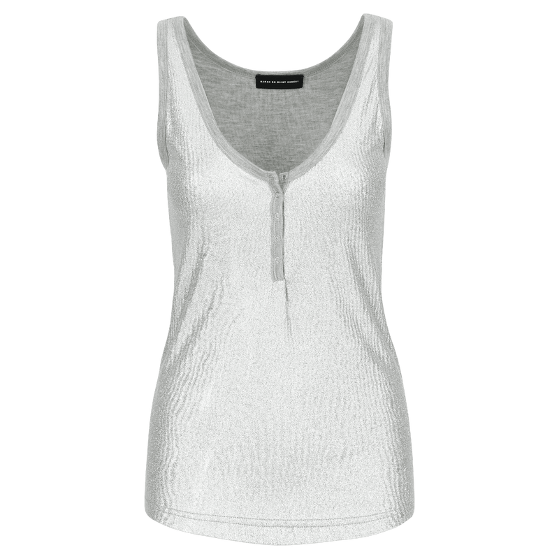 SARAH DE SAINT HUBERT silver tank top made of viscose with press button placket at frontside. A timeless feminine basic with a straight fit.