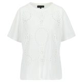 SARAH DE SAINT HUBERT white crew neck T-shirt made of cotton jersey with broderie anglaise embroidery design at the front. Relaxed straight fit.