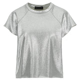 Rock and shinny! For a special occasion, to party all night long, or just stand out a little more, the Nadine sweater/T-shirt was made for you! Go wild! It has a straight fit, slightly cropped, and features raw cut raglan sleeves and a raw cut hem. Made in a 100% silver coated cotton, in Portugal Louise is 170 cm tall and wears a size M